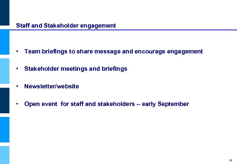 Staff and Stakeholder engagement • Team briefings to share message and encourage engagement •