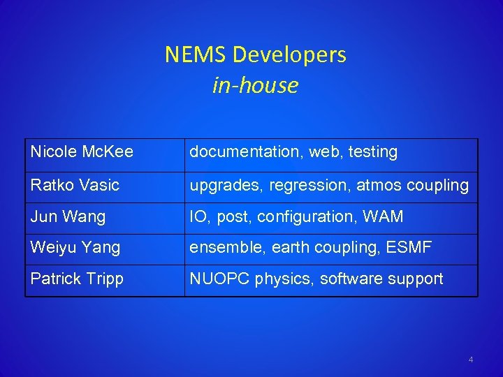 NEMS Developers in-house Nicole Mc. Kee documentation, web, testing Ratko Vasic upgrades, regression, atmos