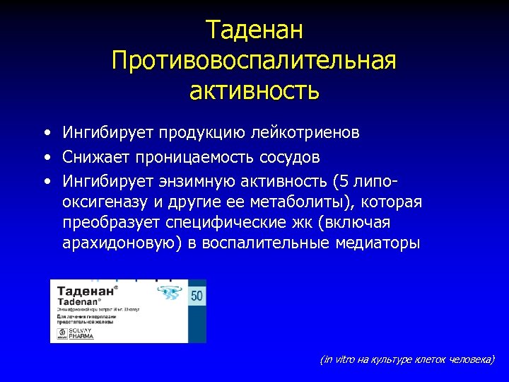 Таденан Противовоспалительная активность • Ингибирует продукцию лейкотриенов • Снижает проницаемость сосудов • Ингибирует энзимную