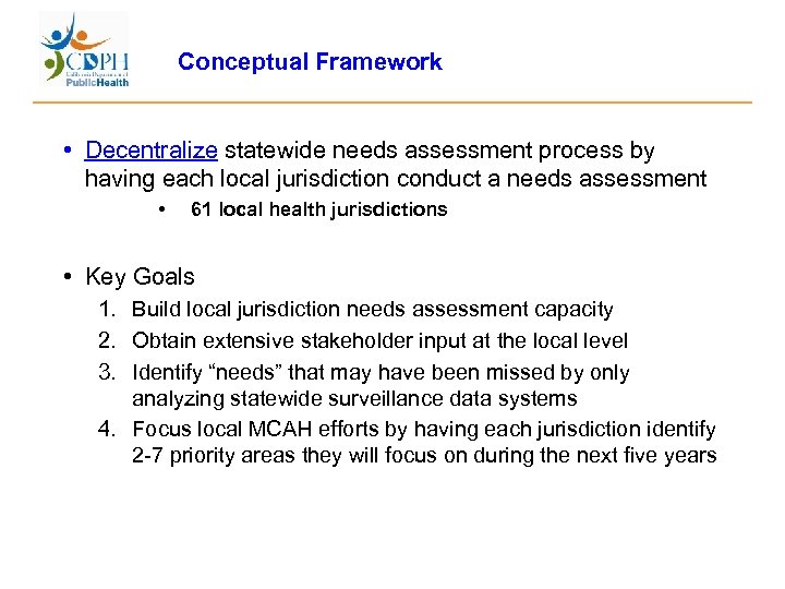 Conceptual Framework • Decentralize statewide needs assessment process by having each local jurisdiction conduct