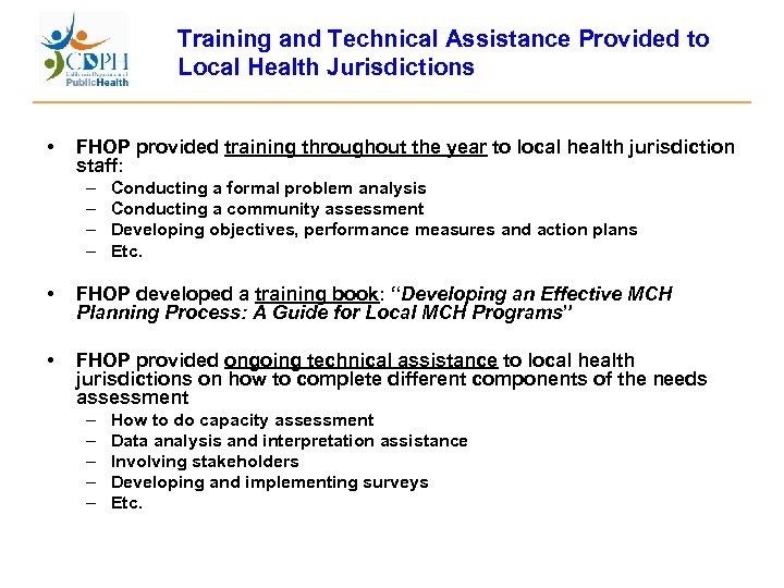 Training and Technical Assistance Provided to Local Health Jurisdictions • FHOP provided training throughout
