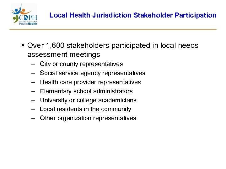 Local Health Jurisdiction Stakeholder Participation • Over 1, 600 stakeholders participated in local needs