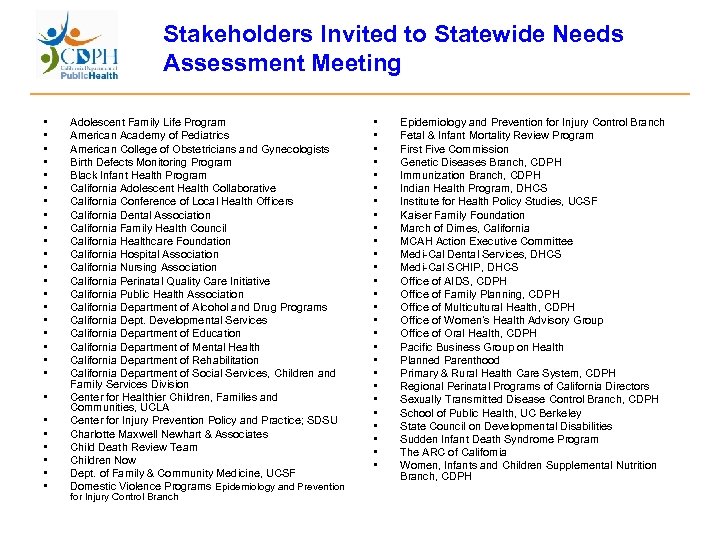 Stakeholders Invited to Statewide Needs Assessment Meeting • • • • • • •