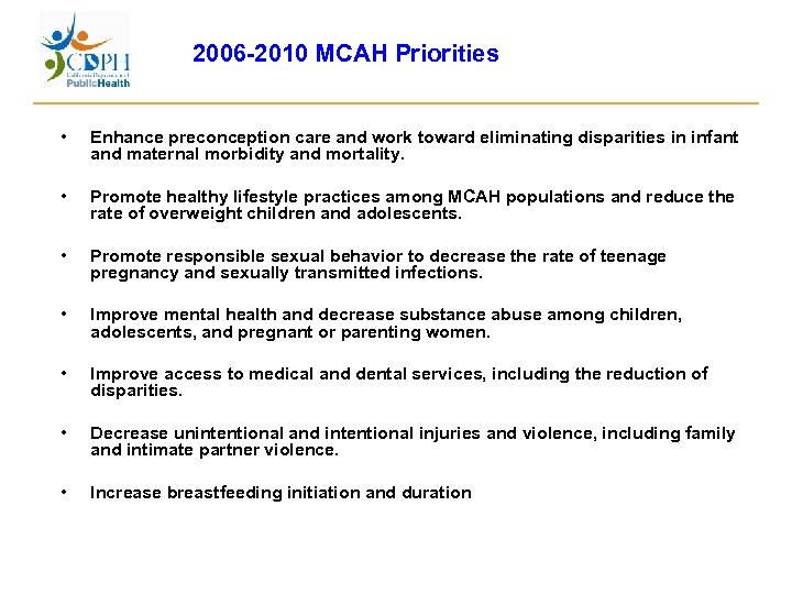2006 -2010 MCAH Priorities • Enhance preconception care and work toward eliminating disparities in