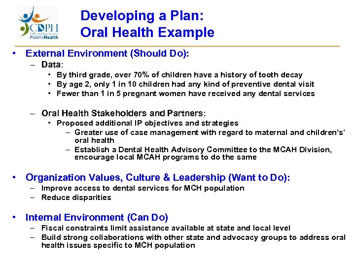 Developing a Plan: Oral Health Example • External Environment (Should Do): – Data: •