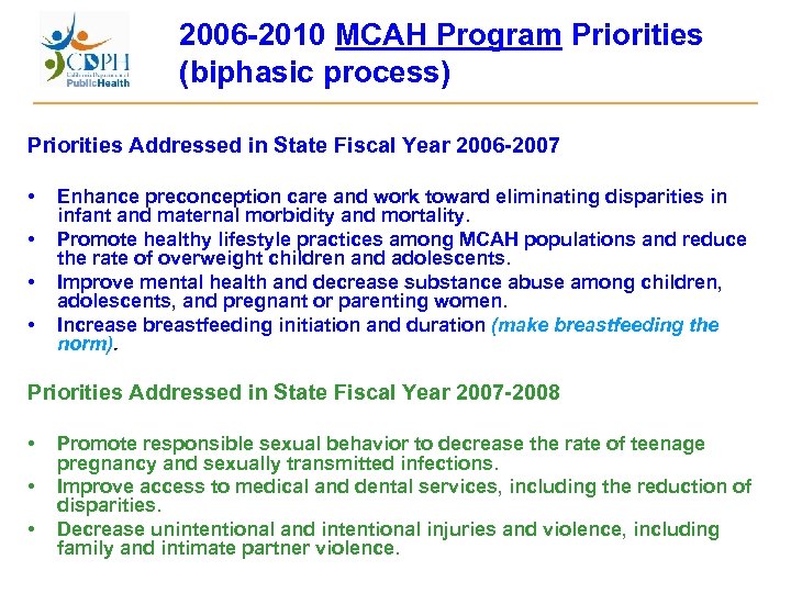 2006 -2010 MCAH Program Priorities (biphasic process) Priorities Addressed in State Fiscal Year 2006