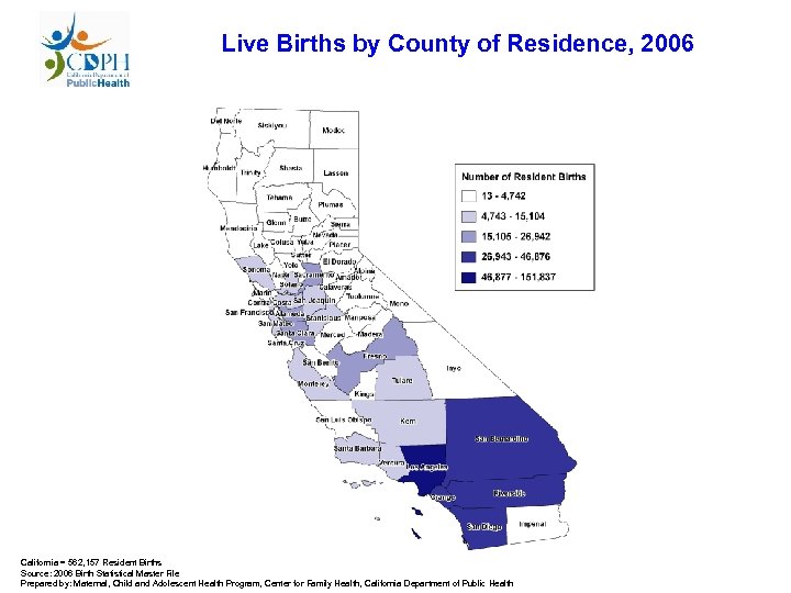 Live Births by County of Residence, 2006 California = 562, 157 Resident Births Source: