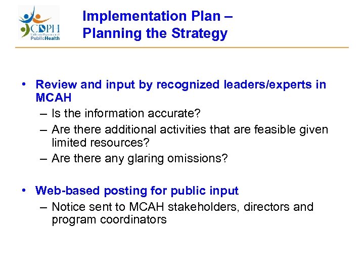 Implementation Plan – Planning the Strategy • Review and input by recognized leaders/experts in