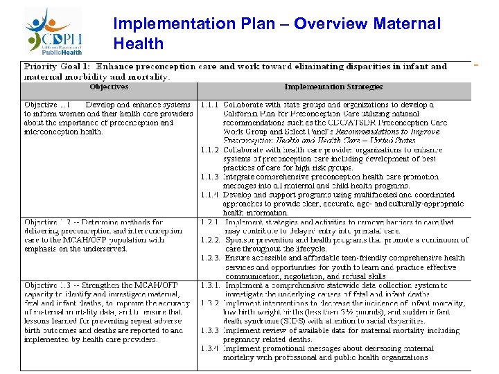 Implementation Plan – Overview Maternal Health 