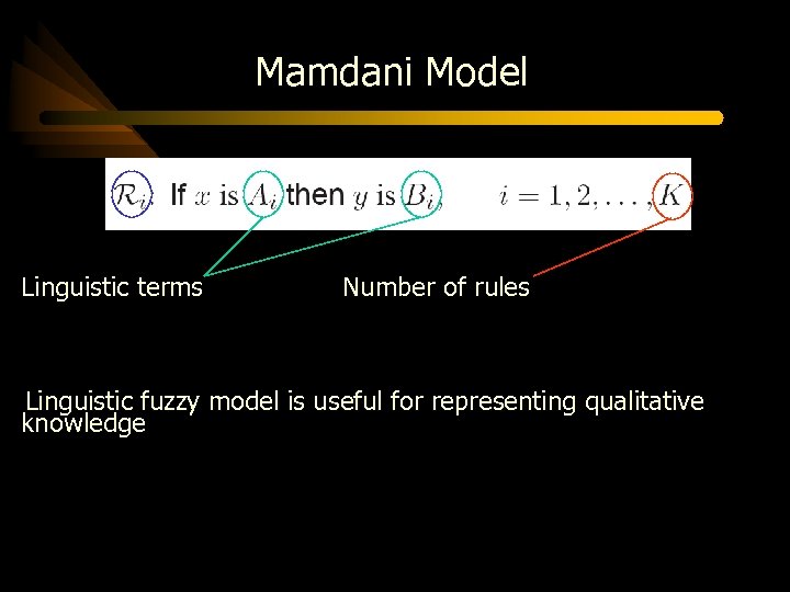 Mamdani Model Linguistic terms Number of rules Linguistic fuzzy model is useful for representing