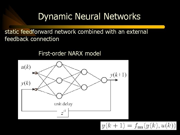 Dynamic Neural Networks static feedforward network combined with an external feedback connection First-order NARX