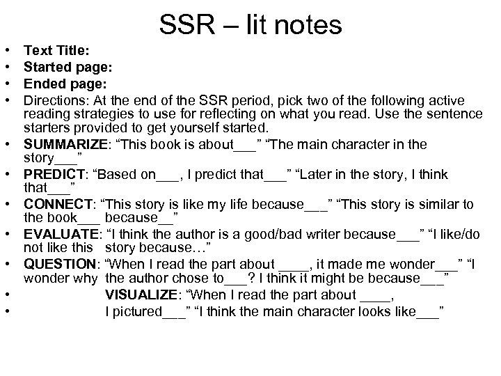 SSR – lit notes • • • Text Title: Started page: Ended page: Directions: