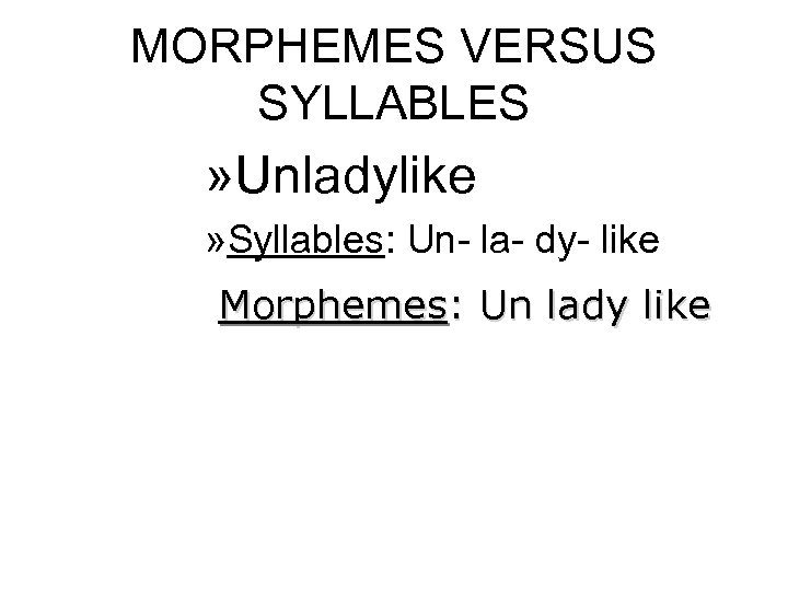 MORPHEMES VERSUS SYLLABLES » Unladylike » Syllables: Un- la- dy- like Morphemes: Un lady