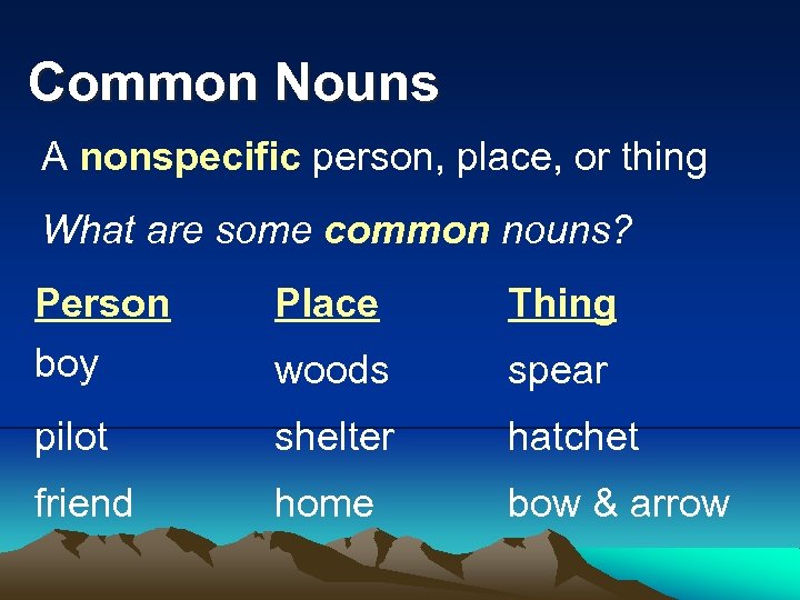 Common Nouns A nonspecific person, place, or thing What are some common nouns? Person