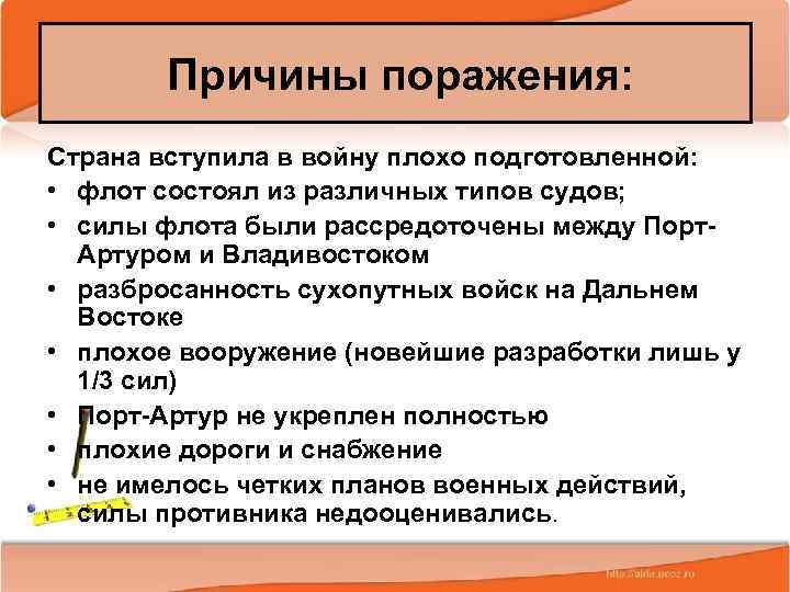 Причины поражения: Страна вступила в войну плохо подготовленной: • флот состоял из различных типов