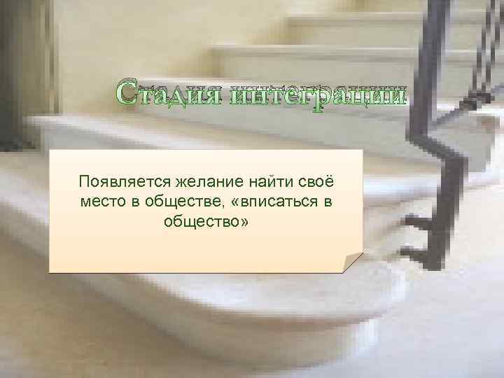 Стадия интеграции Появляется желание найти своё место в обществе, «вписаться в общество» 