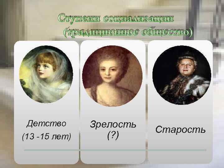 Ступени социализации (традиционное общество) Детство (13 -15 лет) Зрелость (? ) Старость 
