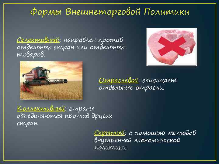 Формы Внешнеторговой Политики Селективный: направлен против отдельных стран или отдельных товаров. Отраслевой: защищает отдельные