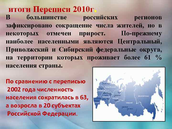 итоги Переписи 2010 г. В большинстве российских регионов зафиксировано сокращение числа жителей, но в