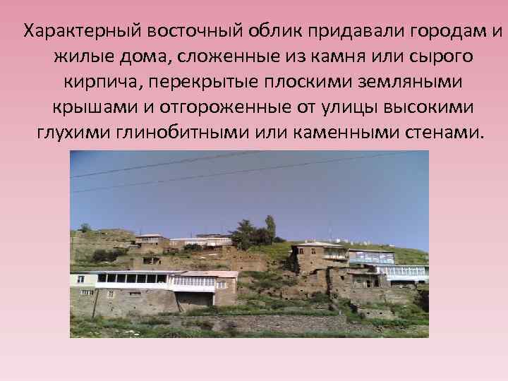 Характерный восточный облик придавали городам и жилые дома, сложенные из камня или сырого кирпича,