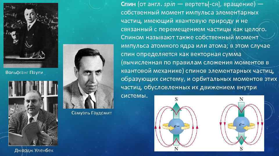 Спин (от англ. spin — вертеть[-ся], вращение) — собственный момент импульса элементарных частиц, имеющий