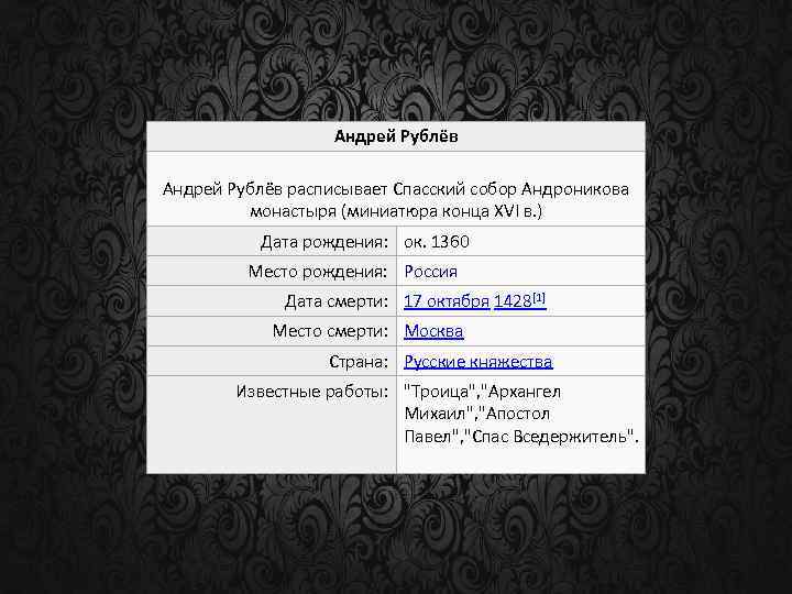 Андрей Рублёв расписывает Спасский собор Андроникова монастыря (миниатюра конца XVI в. ) Дата рождения: