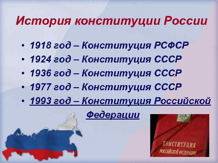 История конституции России • • • 1918 год – Конституция РСФСР 1924 год –