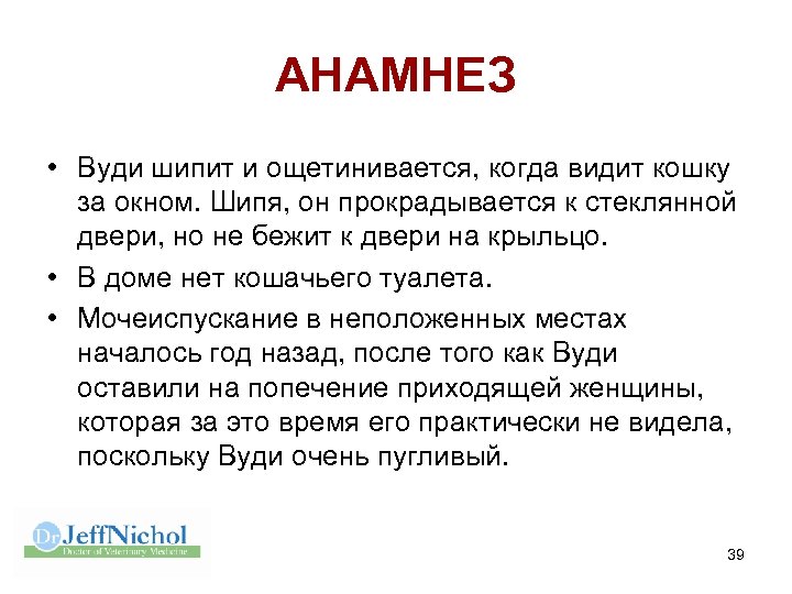 АНАМНЕЗ • Вуди шипит и ощетинивается, когда видит кошку за окном. Шипя, он прокрадывается