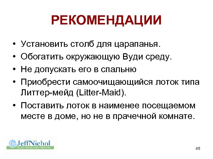 РЕКОМЕНДАЦИИ • • Установить столб для царапанья. Обогатить окружающую Вуди среду. Не допускать его