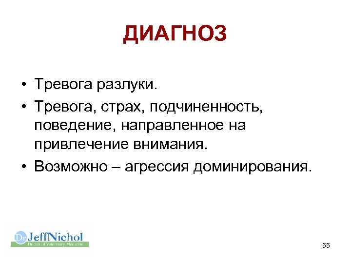 ДИАГНОЗ • Тревога разлуки. • Тревога, страх, подчиненность, поведение, направленное на привлечение внимания. •