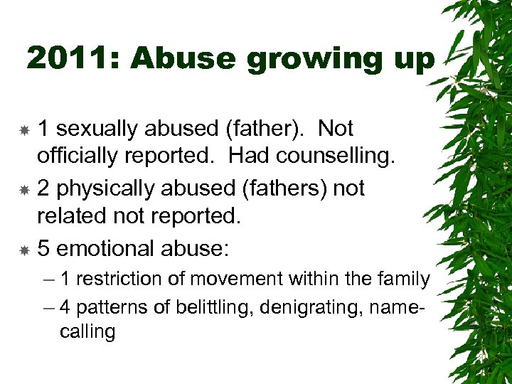 2011: Abuse growing up 1 sexually abused (father). Not officially reported. Had counselling. 2