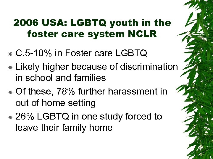 2006 USA: LGBTQ youth in the foster care system NCLR C. 5 -10% in