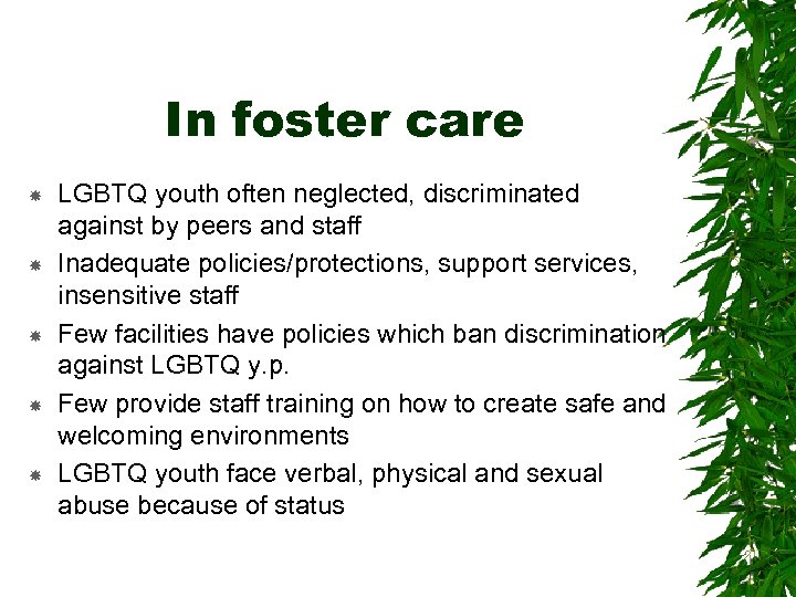 In foster care LGBTQ youth often neglected, discriminated against by peers and staff Inadequate