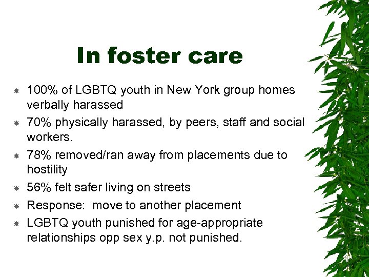 In foster care 100% of LGBTQ youth in New York group homes verbally harassed