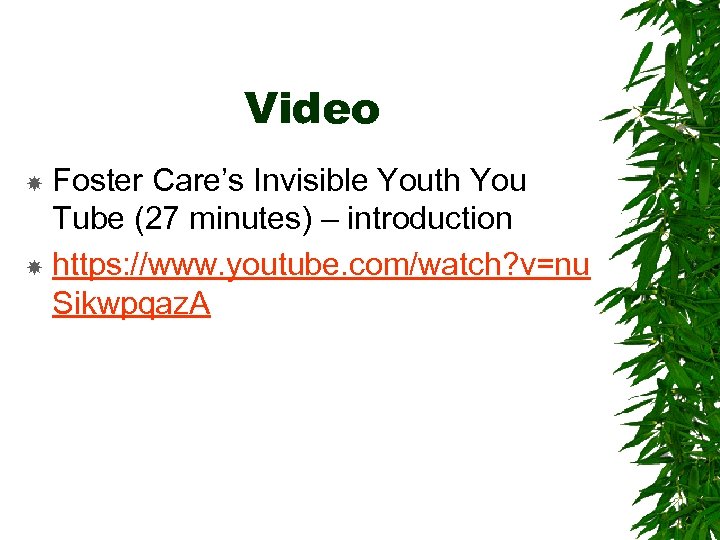 Video Foster Care’s Invisible Youth You Tube (27 minutes) – introduction https: //www. youtube.