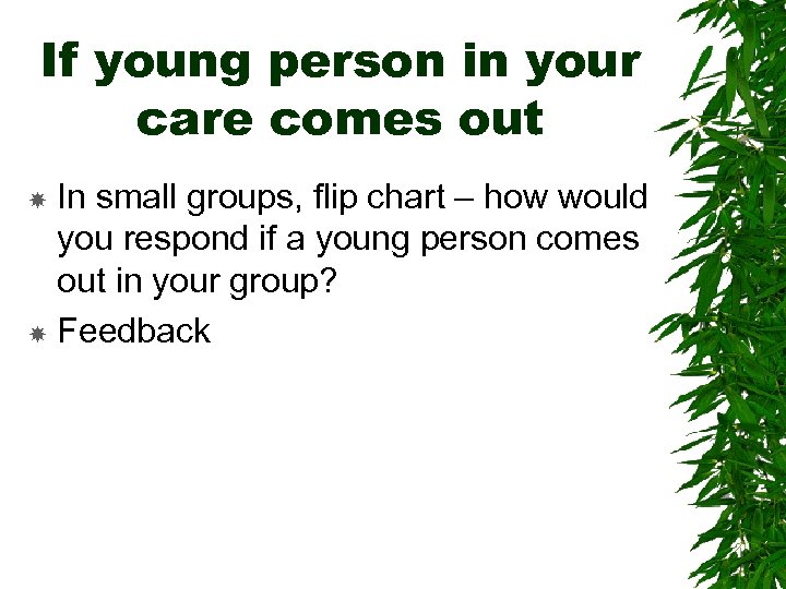 If young person in your care comes out In small groups, flip chart –