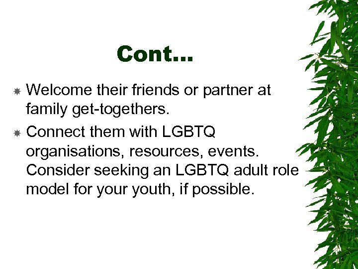 Cont… Welcome their friends or partner at family get-togethers. Connect them with LGBTQ organisations,