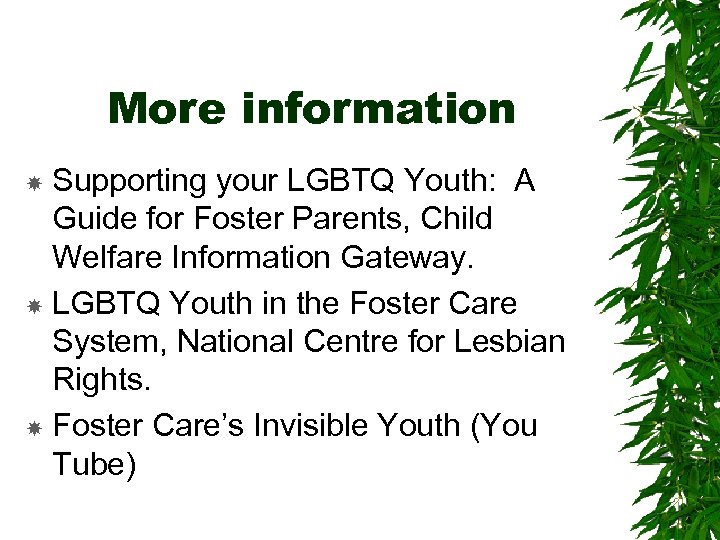 More information Supporting your LGBTQ Youth: A Guide for Foster Parents, Child Welfare Information