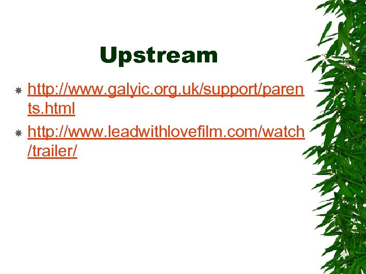 Upstream http: //www. galyic. org. uk/support/paren ts. html http: //www. leadwithlovefilm. com/watch /trailer/ 