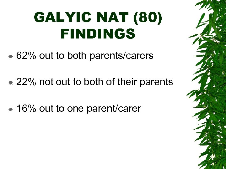 GALYIC NAT (80) FINDINGS 62% out to both parents/carers 22% not out to both