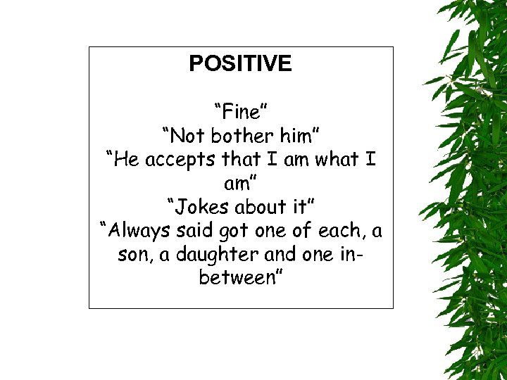 POSITIVE “Fine” “Not bother him” “He accepts that I am what I am” “Jokes