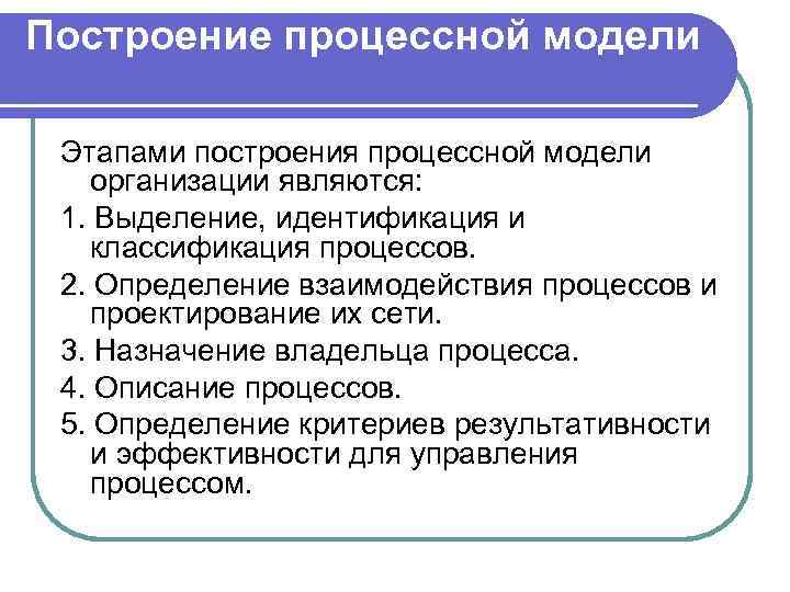 Построение процессной модели Этапами построения процессной модели организации являются: 1. Выделение, идентификация и классификация
