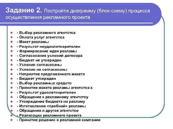 Задание 2. Постройте диаграмму (блок-схему) процесса осуществления рекламного проекта l l l l l