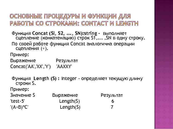 Функция Concat (Sl, S 2, . . . , SN): string - выполняет сцепление