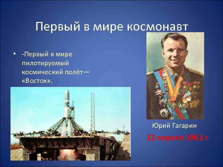 Первый в мире космонавт • -Первый в мире пилотируемый космический полёт— «Восток» , Юрий