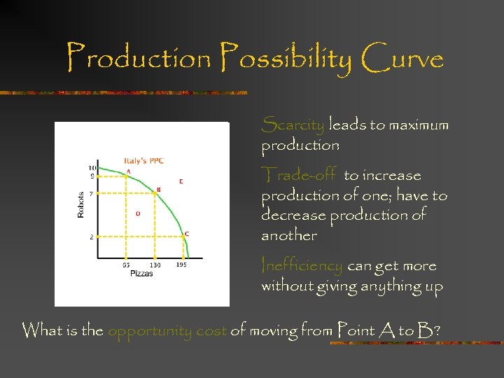 Production Possibility Curve Scarcity leads to maximum production Trade-off to increase production of one;