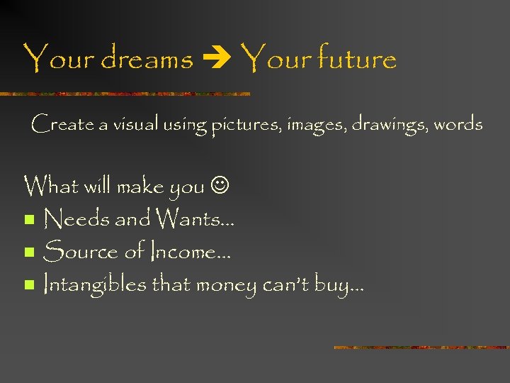 Your dreams Your future Create a visual using pictures, images, drawings, words What will