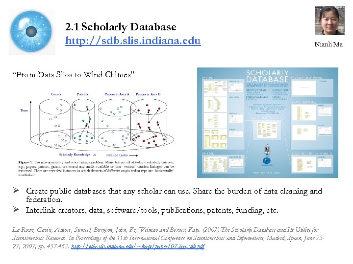 2. 1 Scholarly Database http: //sdb. slis. indiana. edu Nianli Ma “From Data Silos