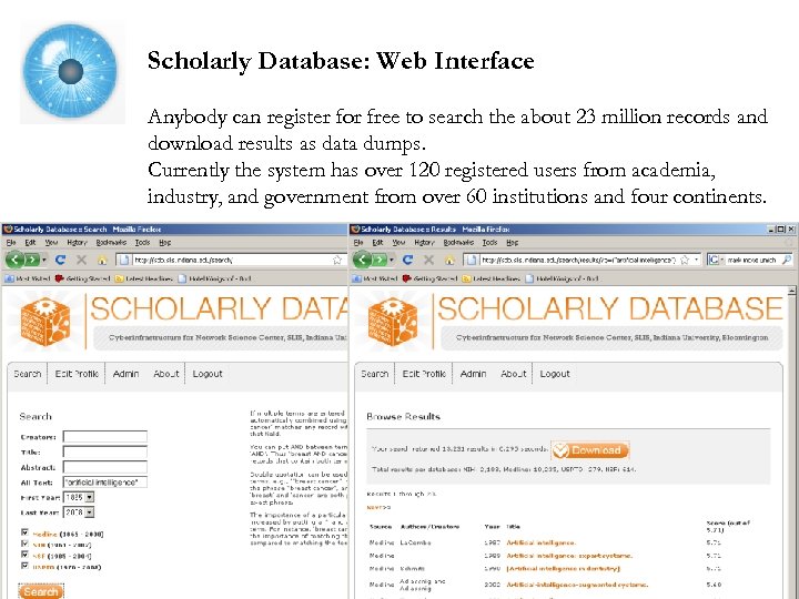 Scholarly Database: Web Interface Anybody can register for free to search the about 23