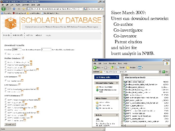 Since March 2009: Users can download networks: Co-author Co-investigator Co-inventor Patent citation and tables